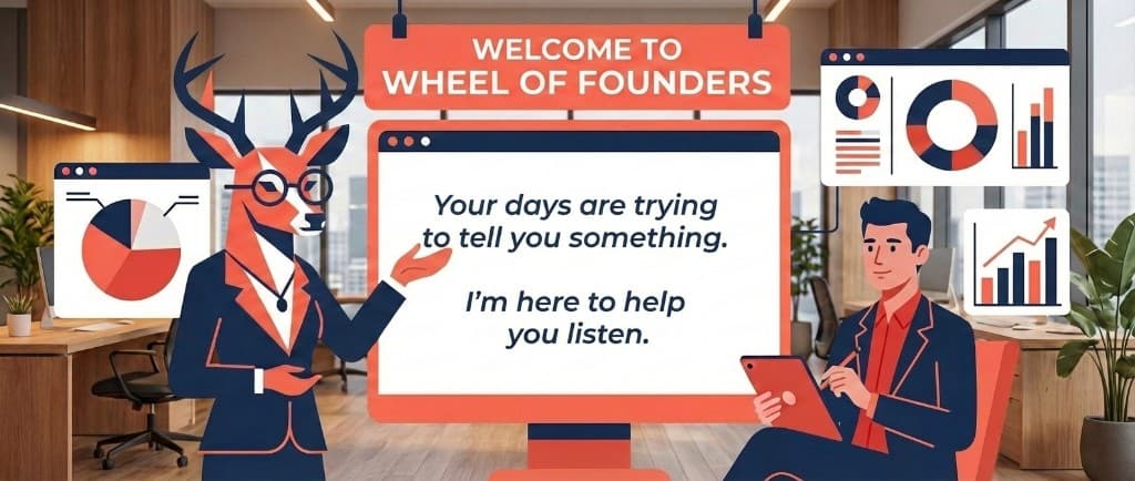 Mrs. Deer welcomes you to Wheel of Founders beside a founder taking notes, with charts and a warm office backdrop.